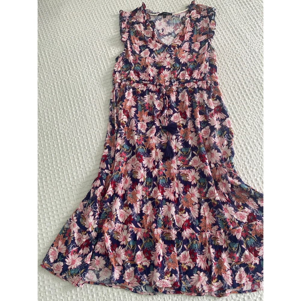 Sangria Womens XL Floral V-Neck Tiered Midi Dress Navy Pink Tassel Rayon Boho